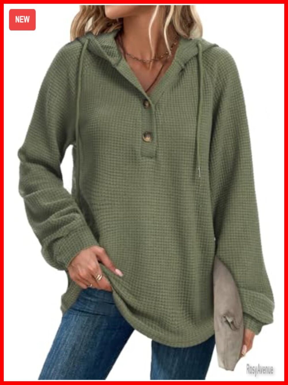 Waffle Knit Hoodie Sweatshirt Oversized V-Neck Button Front Pullover
